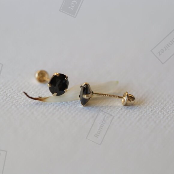Solid 14K Gold Earrings With Black Zirconia 5 mm Classic Elegance & Bold Shine. - Picture 3 of 7